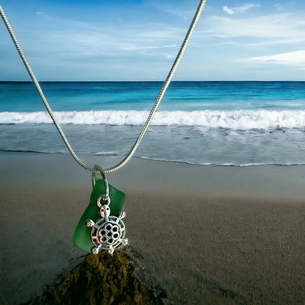 Real sea glass pendant, bright green piece with sea turtle charm